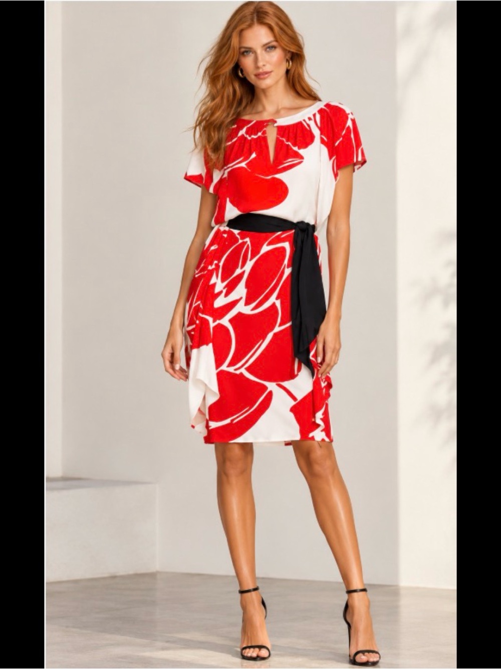 ESCADA $1995 DESIGNER RED POPPY SILK BLEND FLORAL FLUTTER BELTED CLASSY DRESS 36